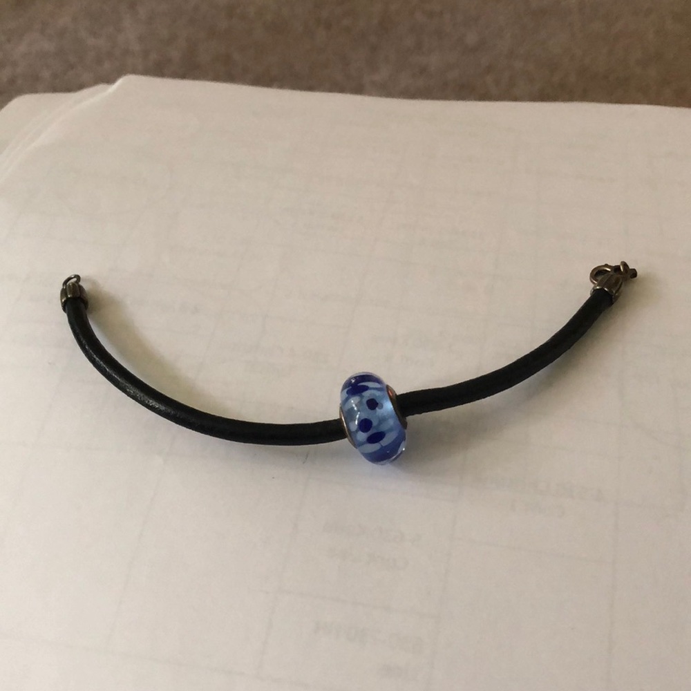 Pandora large bead bracelet with black leather!